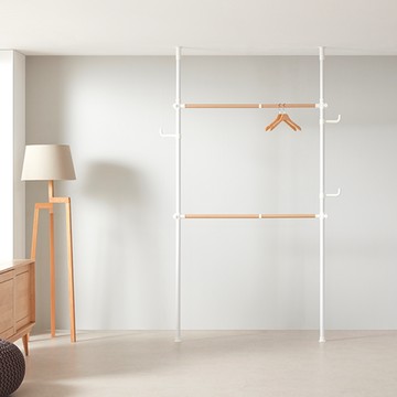 衣架專家 頂天立地掛衣架 2層 管徑38mm  89~137 x 220~260cm  白色 + 原木色