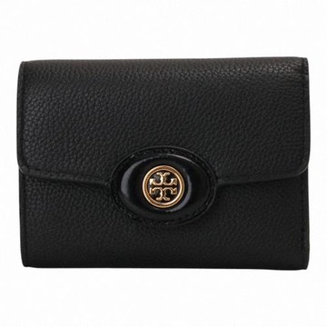 TORY BURCH-小圓金雙T 皮革暗釦短夾(素面黑)