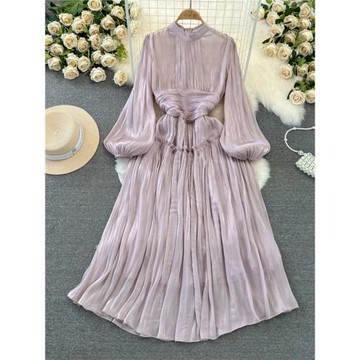 春秋季韓版燈籠長袖立領收腰顯瘦褶皺a字亮片連衣裙海邊度假長裙