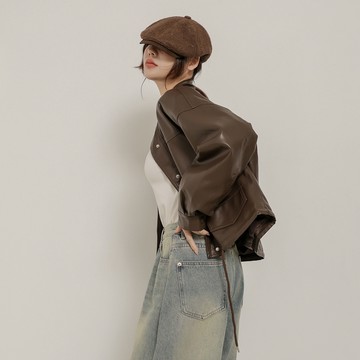 下抽繩寬版軟皮外套-卡【KT28991】