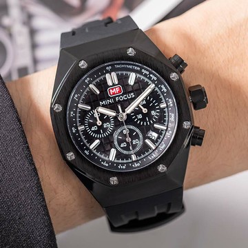 MINIFOCUS黎明升起真三眼方格紋錶面日期顯示八角矽膠錶帶手錶【WMF0417】-黑面黑帶