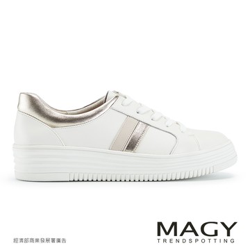 MAGY 金屬羊皮拼接牛貼皮厚底綁帶休閒鞋 白色 #15886