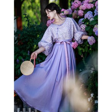 【99元區】新中式復古襯衫女2024夏季碎花上衣高腰半身裙紫色套裝