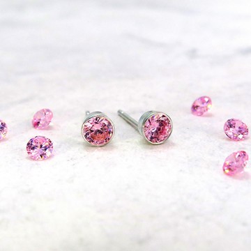 ART64 純銀 3mm櫻粉圓形 包鑲耳環 單鑽系列 925純銀耳環