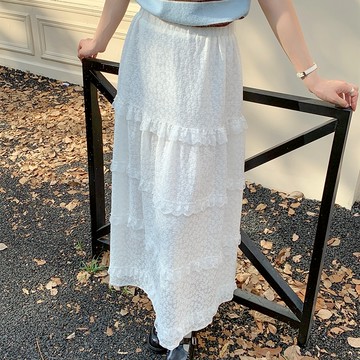 【HARPER】溫柔刺繡蕾絲蛋糕長裙 有內裏 | 現貨 蕾絲 裙子 中長裙 蛋糕裙【SKA39238J】