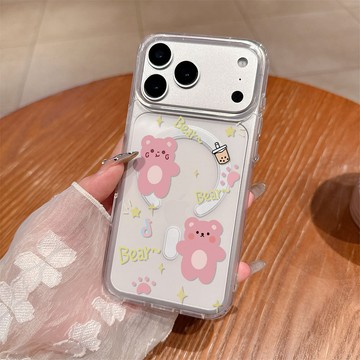 粉色奶茶小熊 iPhone17/16/15/14/13/12/11 透明硬殼 大孔磁吸設計 全包防摔蘋果手機保護殼