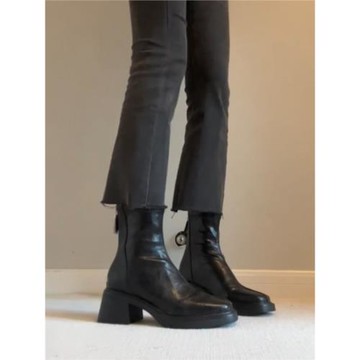 羊皮版~真皮黑色褶皺粗跟短靴女英倫風復古切爾西靴瘦瘦靴馬丁靴