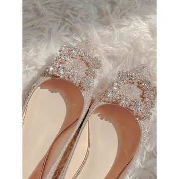 珍珠尖頭伴娘低跟水晶亮片婚鞋