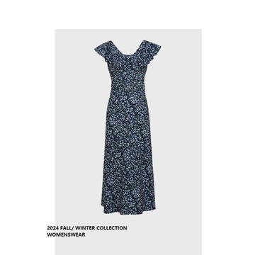 品牌特價藍楹花連衣裙法式復古碎花V領荷葉邊度假裙20242024新款