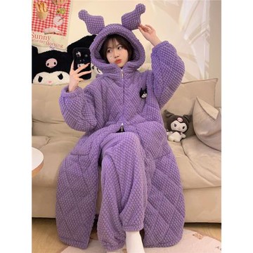 睡衣女款珊瑚絨冬季三層夾棉加厚加絨長袍保暖拉鏈家居服套裝冬天