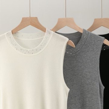 精紡細羊毛薄款鑲鉆針織吊帶背心女氣質通勤時髦洋氣無袖打底圓領