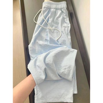 大碼女裝藍色冰絲奶芙山本褲女夏季薄款胖mm寬松顯瘦休閑闊腿褲子