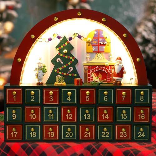 MorTime 24 Day Advent Calendar with 24 Storage Drawers, LED Lighted Wooden