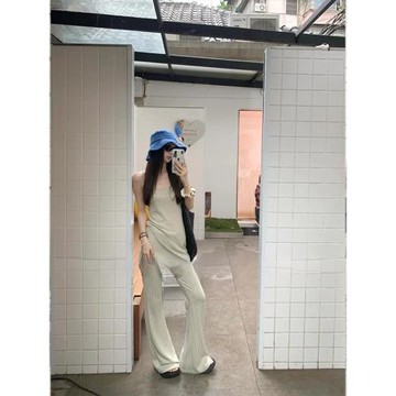 2025夏季新款美式復古修身無袖針織小吊帶高腰垂感微喇褲兩件套女
