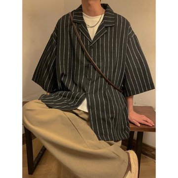 短袖襯衫男五分袖垂感西裝領襯衣高級感半袖外套夏季薄款寬松上衣