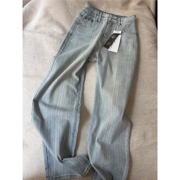 淺藍色肌理感寬松直筒牛仔褲女春季新款高腰顯瘦垂感拖地闊腿褲潮