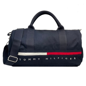 【Tommy Hilfiger】經典LOGO手提/斜背休閒輕旅行袋/圓桶包(海軍藍)