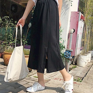 La Belleza百搭素面棉質側邊小開叉中長裙
