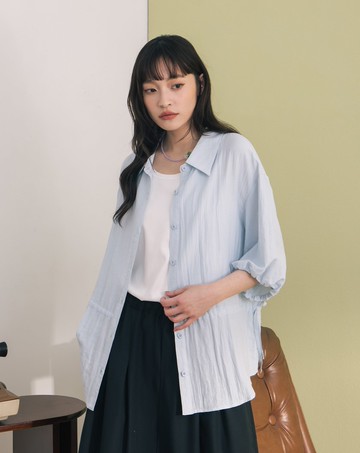 鬆緊拋袖可調節收腰造型襯衫(兩色)
