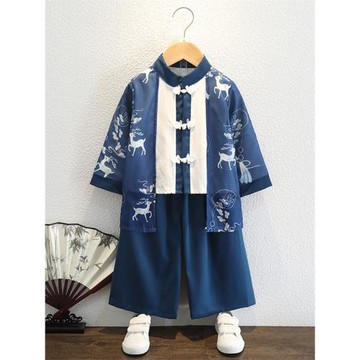 男童漢服復古長袍春夏兩件套兒童中國風唐裝表演服男孩古裝國學服
