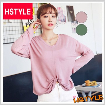 針織上衣 V領露肚質感長袖針織衫OU12738-創翊韓都