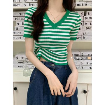 G2025新款夏季女裝修身顯瘦短袖針織上衣純欲條紋性感V領短款T恤