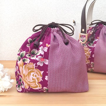 日式抽繩小袋 [精心挑選的和服] - 用於透明托特包