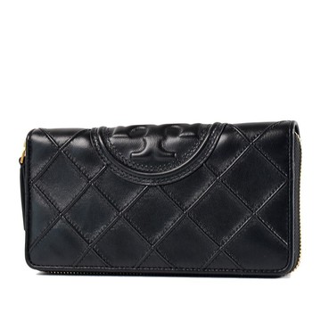 TORY BURCH 專櫃款 FLEMING 絎縫格紋壓花雙T拉鍊長夾-黑色