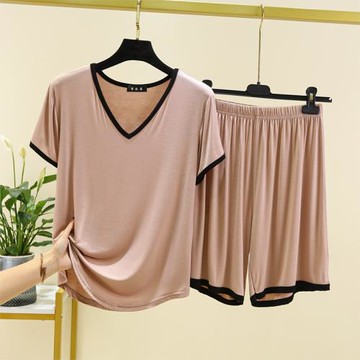 莫代爾V領短袖短褲兩件套女可外穿家居服夏季寬松百搭休閑薄套裝