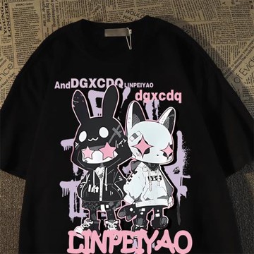 美式復古潮牌兔子卡通純棉短袖t恤男女夏歐美街頭風oversize上衣