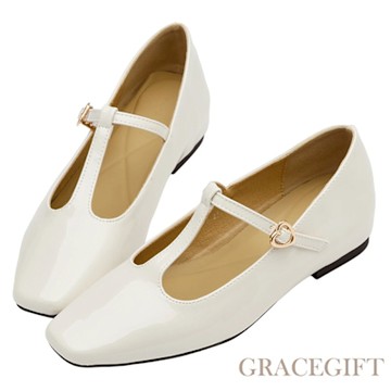 【Grace Gift】復古女伶T字愛心扣微方頭內增高瑪莉珍鞋 米白漆