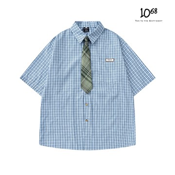 『1068』韓系 復古 格紋 穿搭單品 學院風 附領帶 外搭 休閒 百搭 情侶 男女 短袖 上衣 襯衫【A91162】