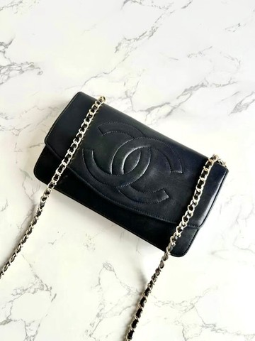 Chanel黑色羊皮皮革WOC斜背包 中古包 單肩包 側背包 長夾 古董包