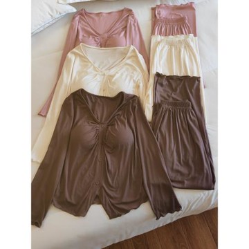 帶胸墊睡衣女春秋季長袖長褲兩件套裝薄款性感莫代爾家居服可外穿