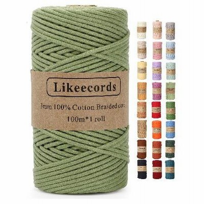 Braided Cotton Cord 3mm×109 Yards Natural Macrame Cotton Cord Bohemia Macrame Rope for Handmade Plant Hangers Wall (Pea Green)並行輸入