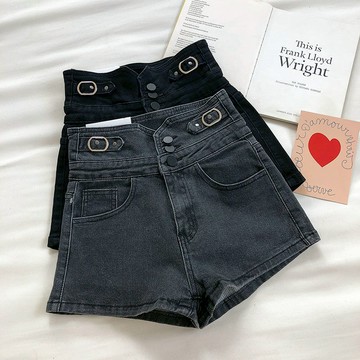 高腰牛仔短褲女2021夏季新款韓版修身顯瘦ins三扣子a字闊腿短褲子