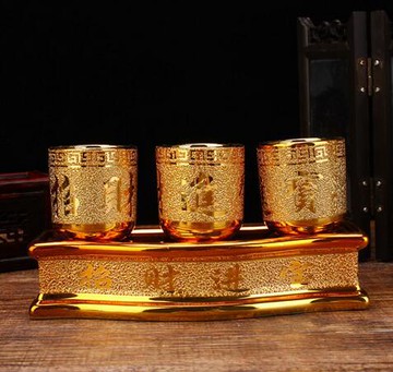 金沙杯財神杯杯招財進寶仙家杯陶瓷佛具3杯供臺開業財神臺灣供杯