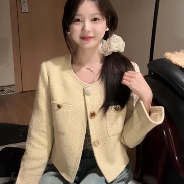 韓版chic黃色小香風短款外套女秋季高級感氣質小個子圓領夾克上衣