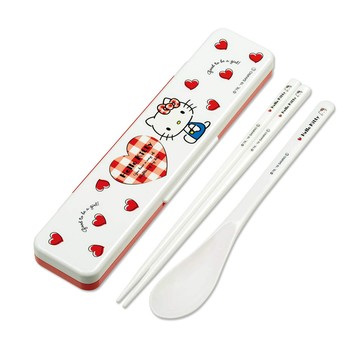 環保餐具組 【Hello Kitty】日本製 凱蒂貓 環保筷子+湯匙組 18CM-愛心點點(正版授權)