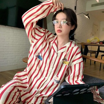 可可裡🌺可愛卡通小狗睡衣女新款秋季撞色條紋長袖套裝休閒舒適家居服