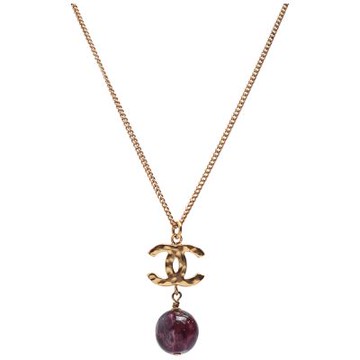 CHANEL 經典金色雙C LOGO咖啡色琉璃珠項鍊 (金色)