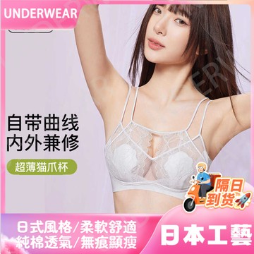 🚀虧本到貨🚀日本🇯🇵 夏季輕紗蕾絲貓爪杯內衣女細肩帶大胸顯小聚攏輕薄性感美背文胸罩