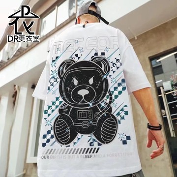 DR更衣室-男生衣服 港風機器熊熊印花短t 情侶裝短袖  大碼寬鬆短袖 半袖男 圓領 大尺碼 8XL【NL623066】