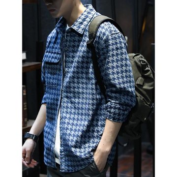 日系復古千鳥格襯衫男士潮寬松休閑中性2023春秋新款長袖襯衣外套