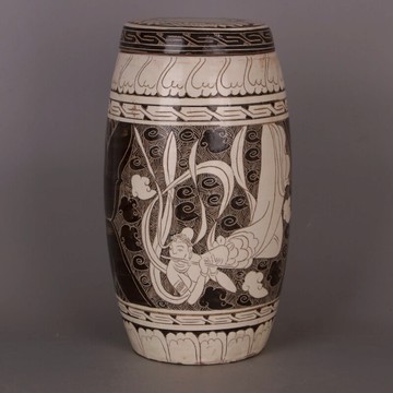 宋 磁州窯刻花人物紋腰鼓蓋罐 仿宋代出土舊貨古玩古董瓷器收藏品