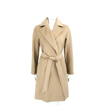Max Mara STUDIO DRAVENNA 寬翻領 卡其色純羊毛 和服式綁帶大衣 外套
