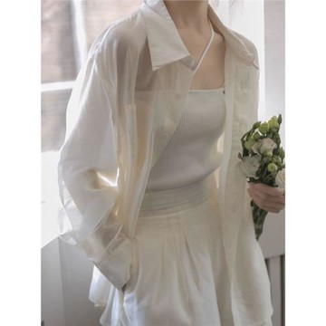 白色天絲襯衫女薄款外穿夏季2025新款開衫吊帶外搭配防曬襯衣外套