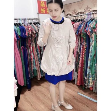 夢系春季品牌淑女圓領七分袖氣質收腰顯瘦中長米色上衣風衣外套裙