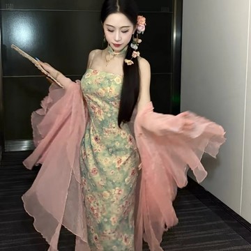原創自制新中式素雅溫柔吊帶連身裙花知曉吊帶旗袍裙