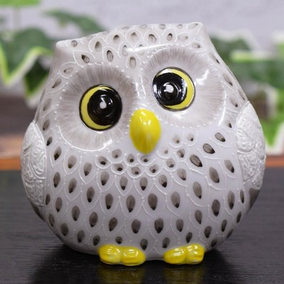 陶器製フクロウの置物 九谷焼 九谷焼 フクロウ 置物 陶器 ふくろう 花盛 風水 開運 縁起物